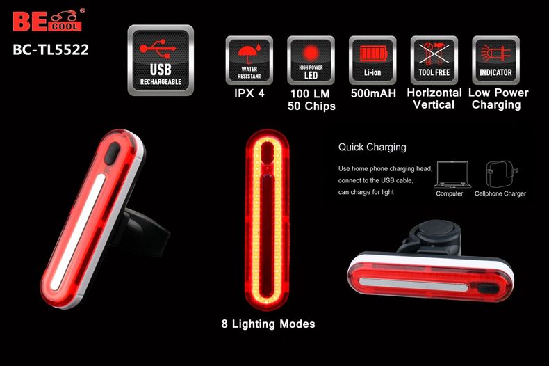 Велофонарь габаритный задний плоский экстра яркий BC-TL5522 красный свет 50 LED, USB, 8 режимов